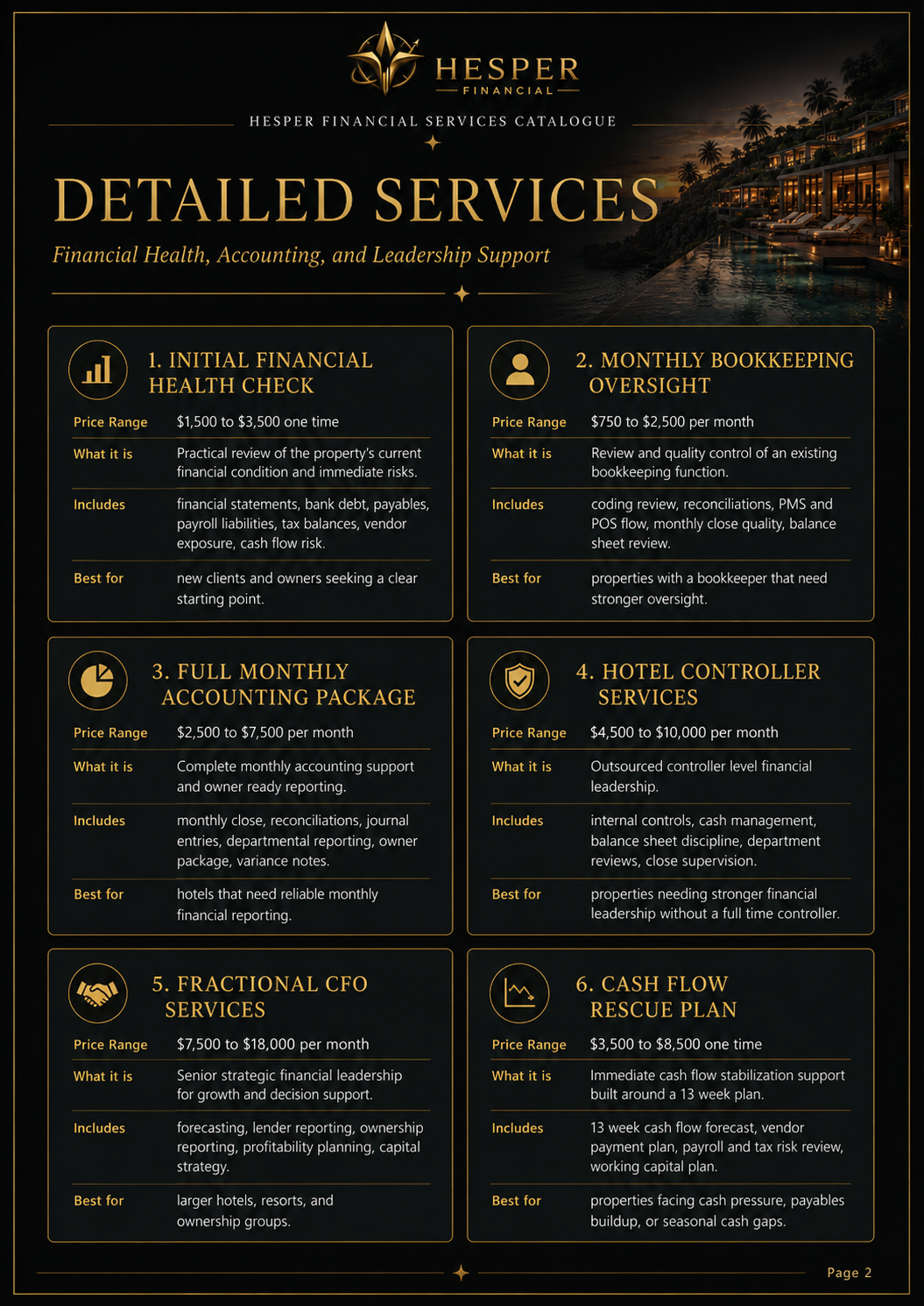 Hesper Financial Services Catalogue page 2: financial health, accounting, controller, CFO, and cash flow services.