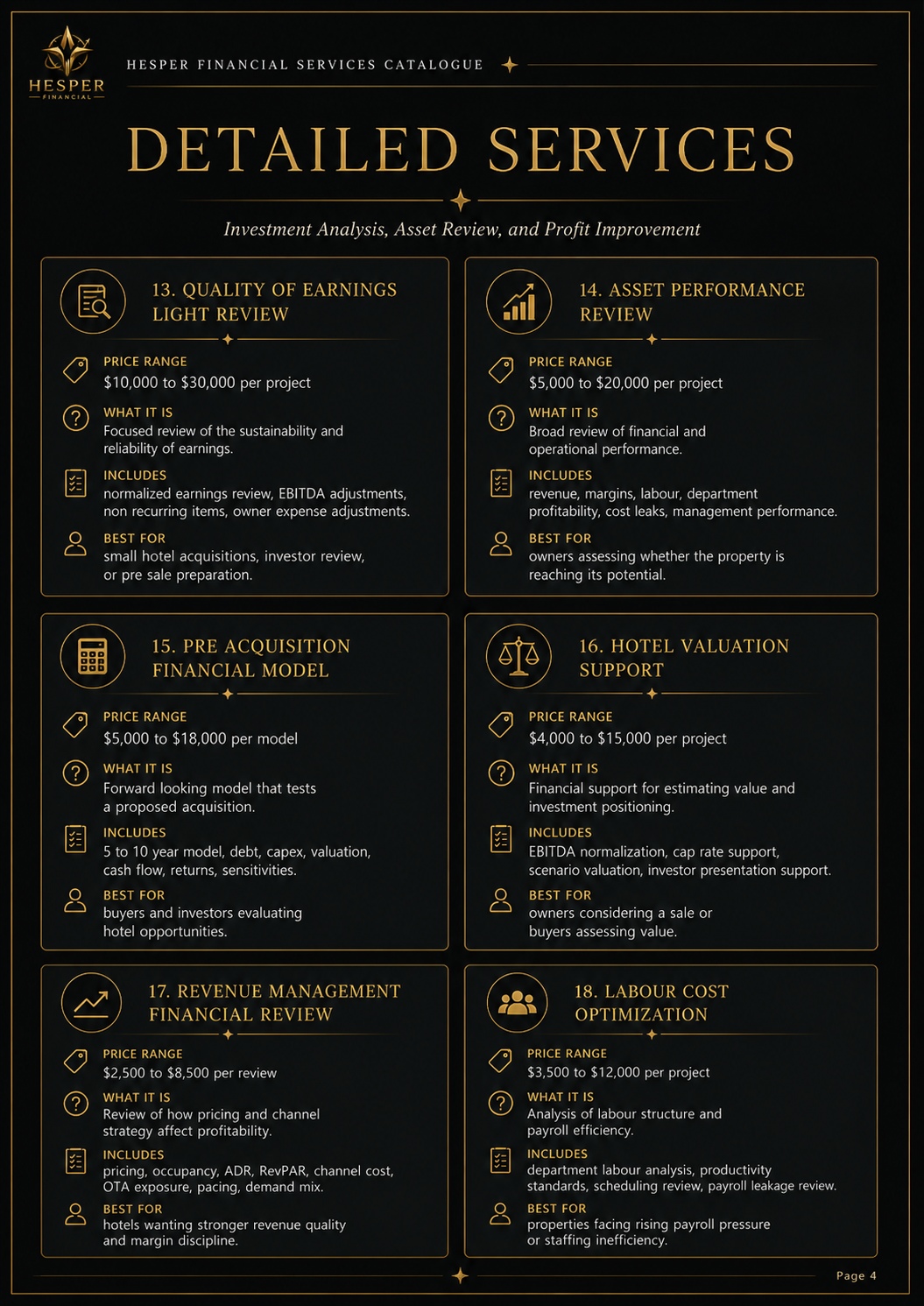 Hesper Financial Services Catalogue page 4: quality of earnings, asset performance, financial model, valuation, revenue, and labour review services.